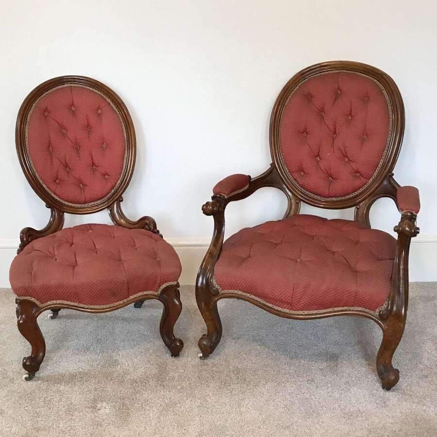 A Pair Of Victorian Walnut Chairs, Button Back, Arm Chairs, Circa 1875