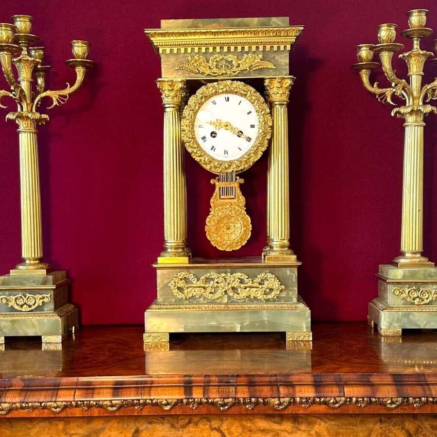 French Onyx And Ormolu Clock Garniture Circa 1860. Clock Set.