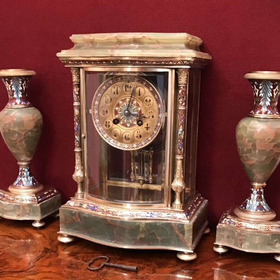 French Onyx And Champleve Clock Set Circa 1880