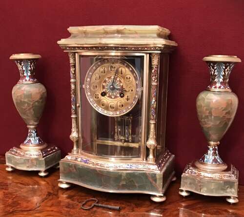 French Onyx And Champleve Clock Set Circa 1880