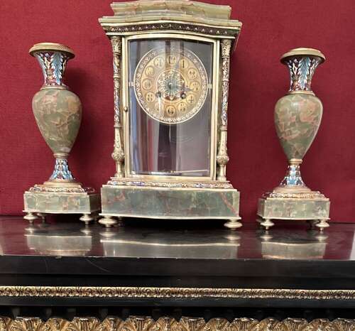 French Onyx And Champleve Clock Set Circa 1880