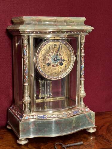French Onyx And Champleve Clock Set Circa 1880