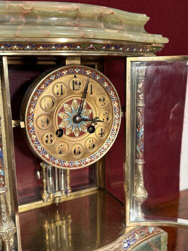 French Onyx And Champleve Clock Set Circa 1880