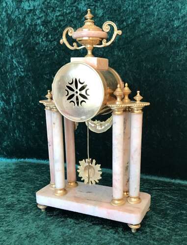 Decorative Victorian Pink Marble Portico Clock Circa 1875. Clock Garniture