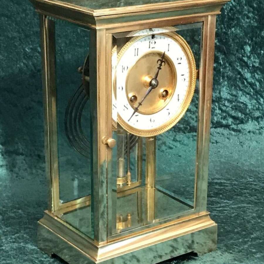Victorian Library, Mantel, Four Glass Clock, Antique Clock, With Mercurial Pendulums Circa 1900