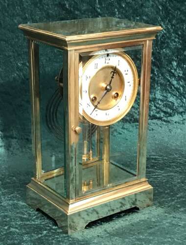 Victorian Library, Mantel, Four Glass Clock, Antique Clock, With Mercurial Pendulums Circa 1900