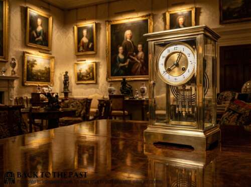 Victorian Library, Mantel, Four Glass Clock, Antique Clock, With Mercurial Pendulums Circa 1900