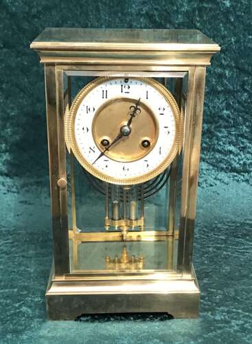 Victorian Library, Mantel, Four Glass Clock, Antique Clock, With Mercurial Pendulums Circa 1900