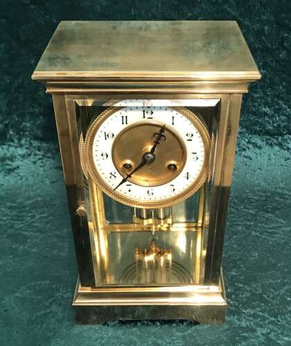 Victorian Library, Mantel, Four Glass Clock, Antique Clock, With Mercurial Pendulums Circa 1900