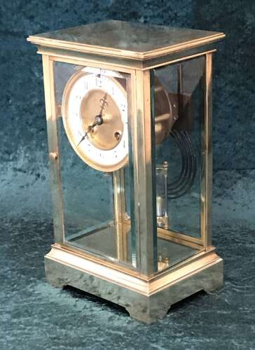 Victorian Library, Mantel, Four Glass Clock, Antique Clock, With Mercurial Pendulums Circa 1900