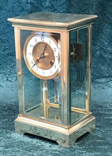 Victorian Library, Mantel, Four Glass Clock, Antique Clock, With Mercurial Pendulums Circa 1900