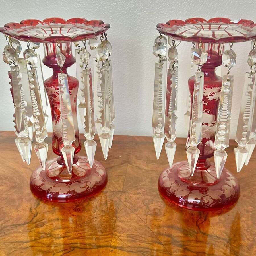 Pair Of Victorian Ruby Glass Lustres Circa, 1875. Bohemian Flash Glass Vase.