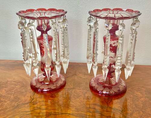 Pair Of Victorian Ruby Glass Lustres Circa, 1875. Bohemian Flash Glass Vase.