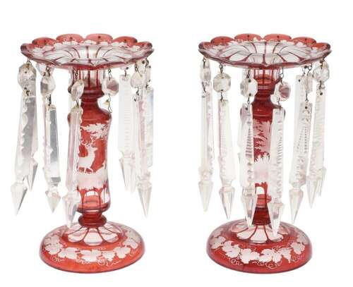 Pair Of Victorian Ruby Glass Lustres Circa, 1875. Bohemian Flash Glass Vase.