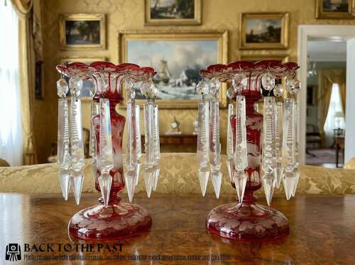 Pair Of Victorian Ruby Glass Lustres Circa, 1875. Bohemian Flash Glass Vase.