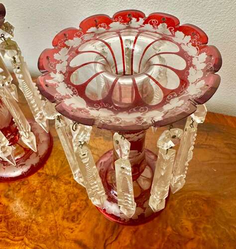 Pair Of Victorian Ruby Glass Lustres Circa, 1875. Bohemian Flash Glass Vase.