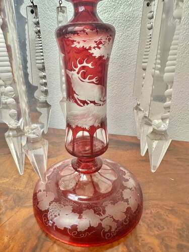 Pair Of Victorian Ruby Glass Lustres Circa, 1875. Bohemian Flash Glass Vase.