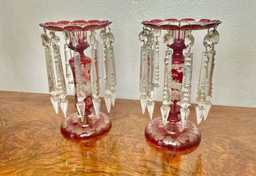 Pair Of Victorian Ruby Glass Lustres Circa, 1875. Bohemian Flash Glass Vase.
