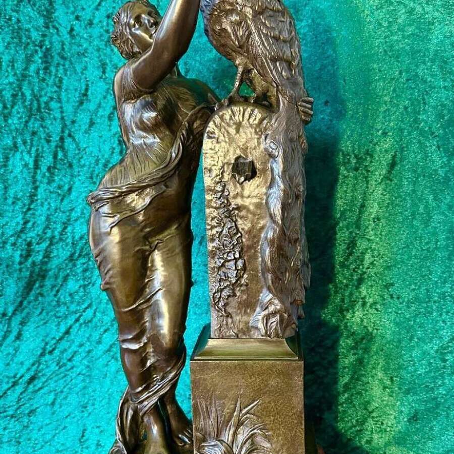 19th Century Bronze Sculpture Of Agirl, With A Peacock. Le Beau Paon.