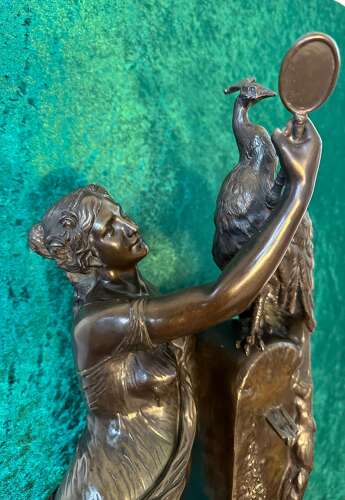 19th Century Bronze Sculpture Of Agirl, With A Peacock. Le Beau Paon.
