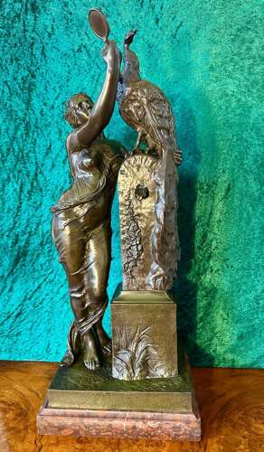 19th Century Bronze Sculpture Of Agirl, With A Peacock. Le Beau Paon.