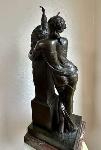 19th Century Bronze Sculpture Of Agirl, With A Peacock. Le Beau Paon.