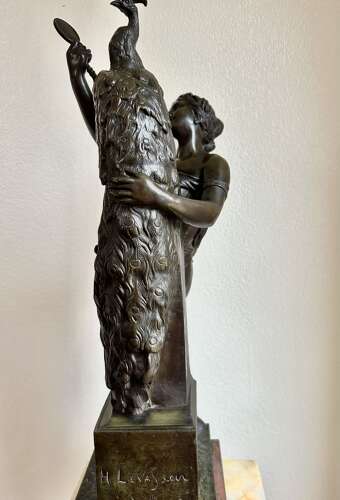 19th Century Bronze Sculpture Of Agirl, With A Peacock. Le Beau Paon.
