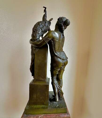 19th Century Bronze Sculpture Of Agirl, With A Peacock. Le Beau Paon.