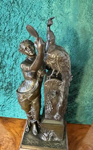19th Century Bronze Sculpture Of Agirl, With A Peacock. Le Beau Paon.