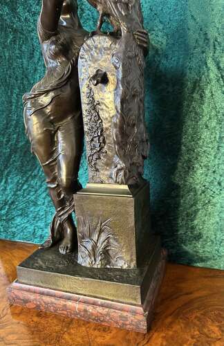 19th Century Bronze Sculpture Of Agirl, With A Peacock. Le Beau Paon.