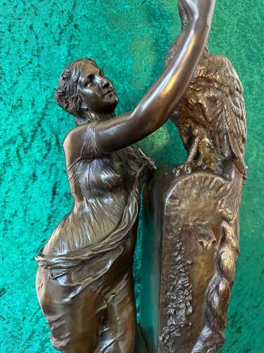 19th Century Bronze Sculpture Of Agirl, With A Peacock. Le Beau Paon.