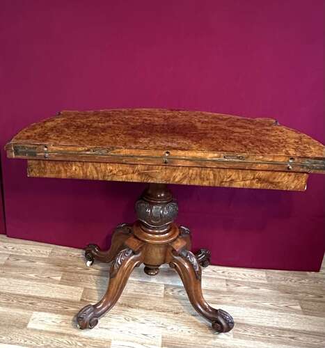 Exceptional Quality Burr Walnut Victorian Card Table Circa 1875. Fold Over Games Table.
