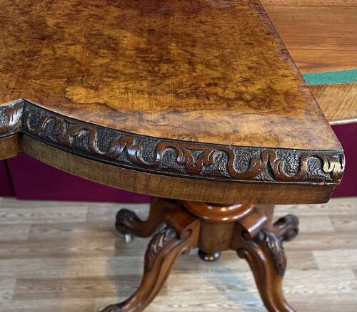 Exceptional Quality Burr Walnut Victorian Card Table Circa 1875. Fold Over Games Table.