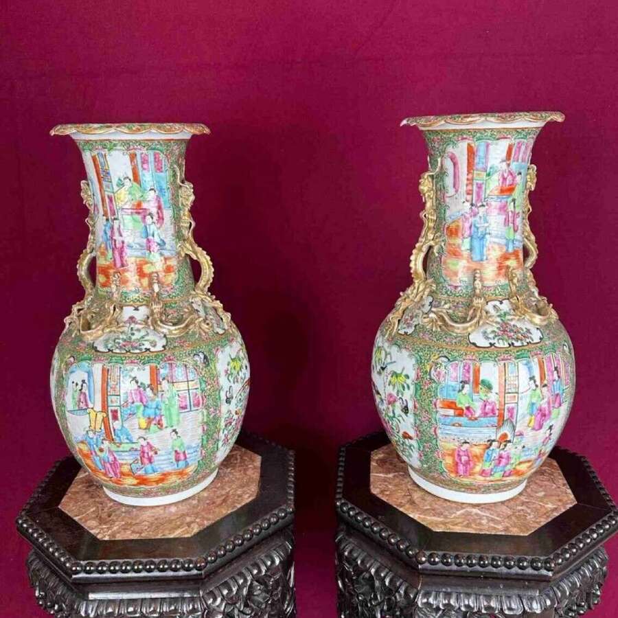 Chinese Canton Vases Circa 1880. Orientalpair Of Vases.