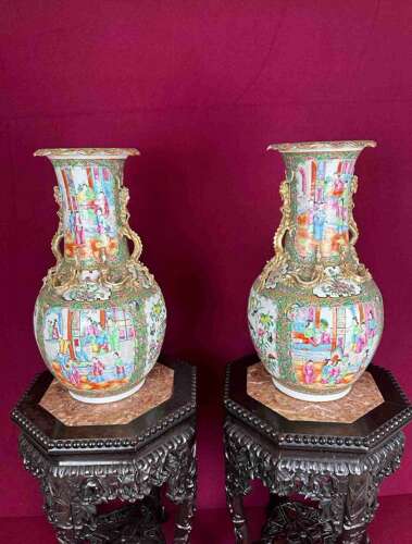 Chinese Canton Vases Circa 1880. Orientalpair Of Vases.