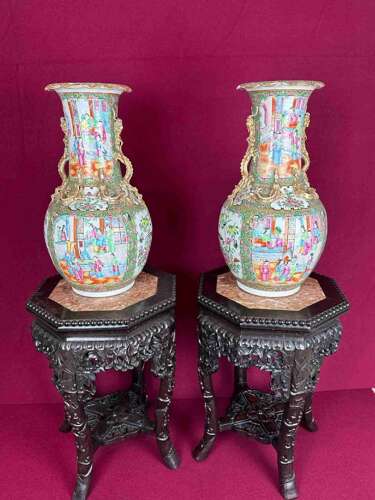 Chinese Canton Vases Circa 1880. Orientalpair Of Vases.