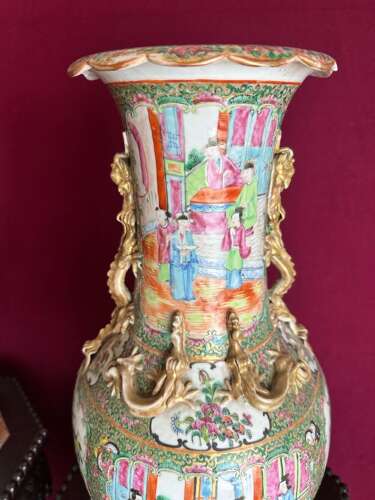 Chinese Canton Vases Circa 1880. Orientalpair Of Vases.
