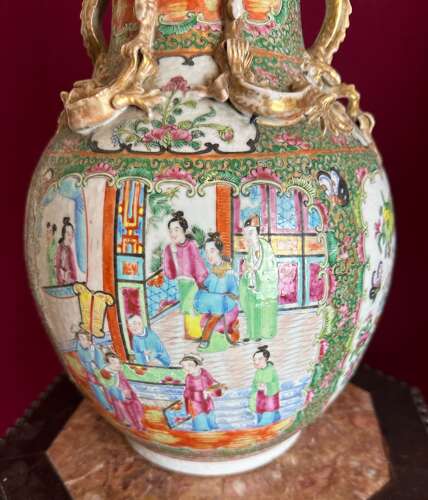Chinese Canton Vases Circa 1880. Orientalpair Of Vases.